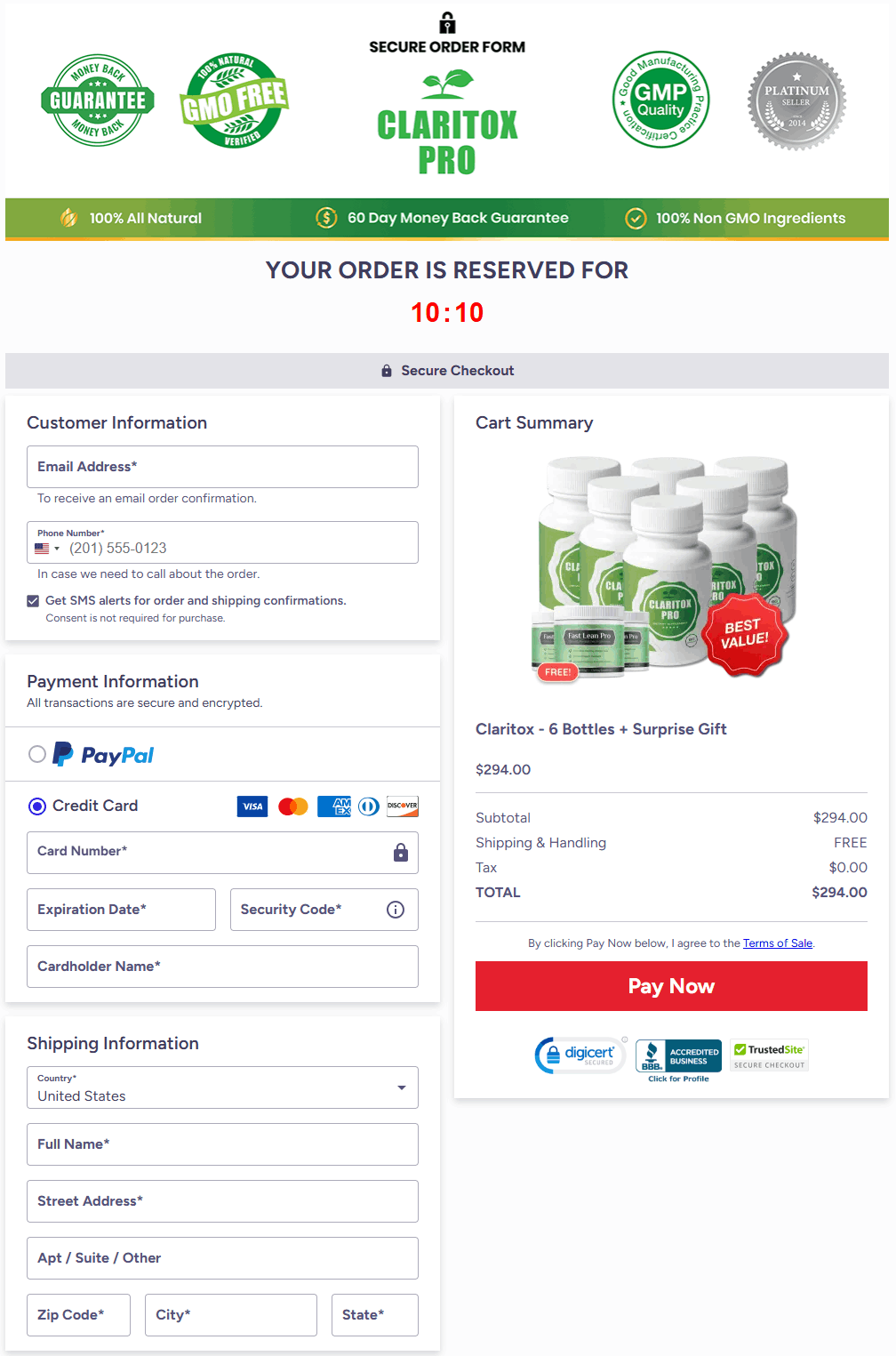 Claritox Pro secure checkout page for placing your order